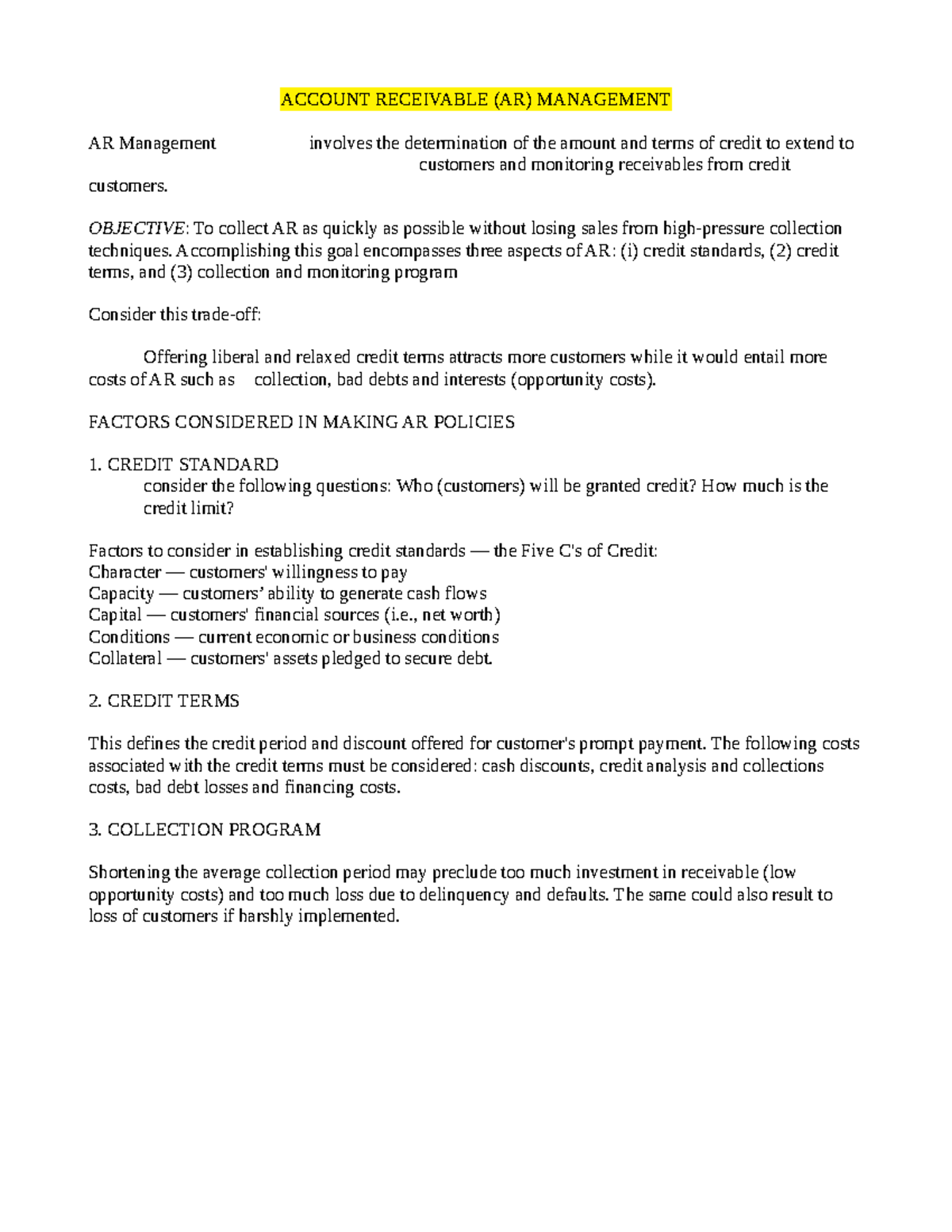 AR Management - ACCOUNT RECEIVABLE (AR) MANAGEMENT AR Management ...