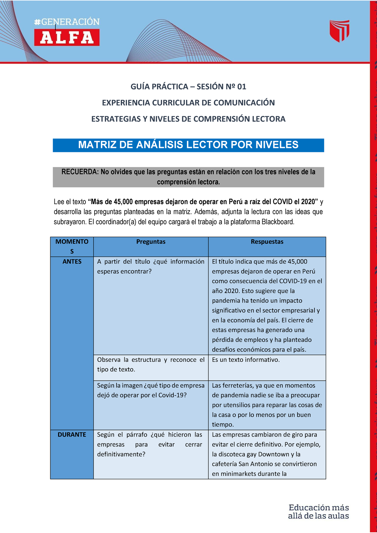 Matriz De Análisis Lectura 1 - GUÕA PR¡CTICA – SESI”N N∫ 01 EXPERIENCIA ...