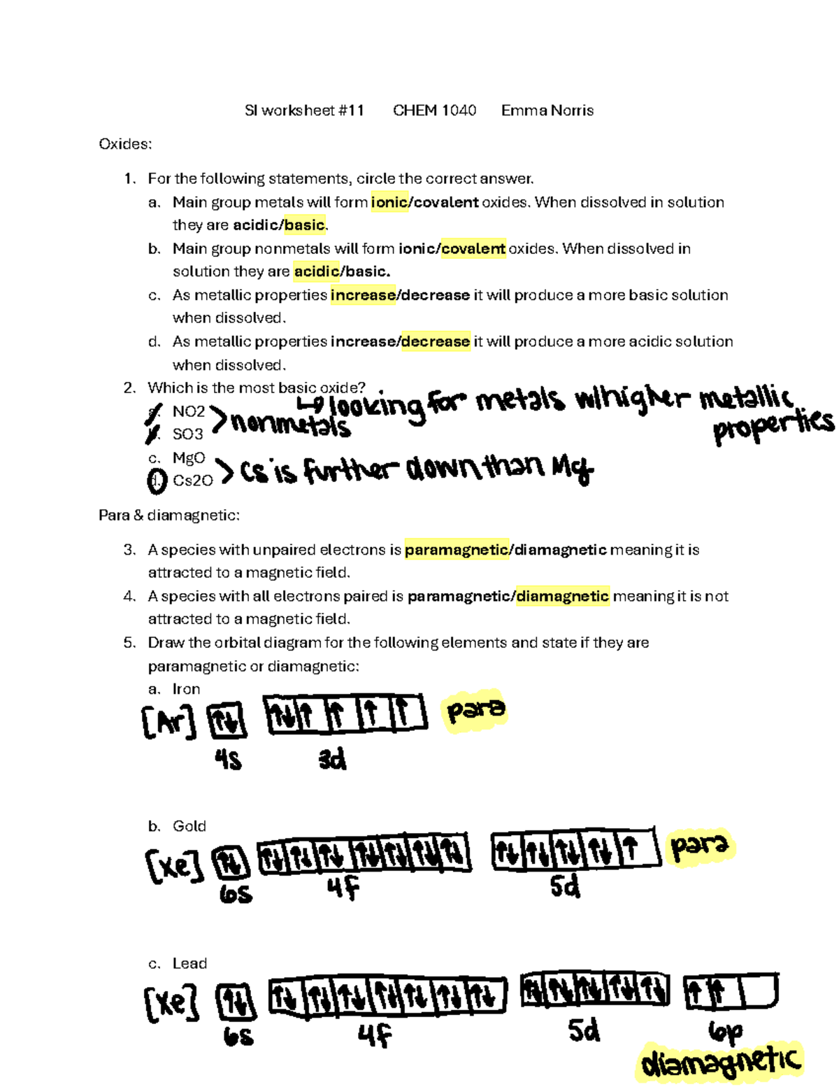 SI worksheet #11 (key) - chem work - SI worksheet #11 CHEM 1040 Emma ...