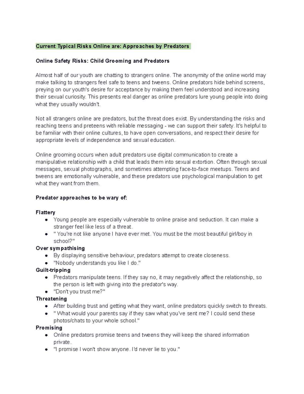 Online Safety Risks Child Grooming and Predators - Current Typical ...