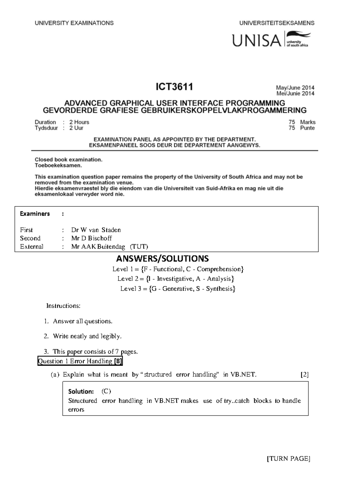 Ict3611-mayjune-MEMO - ANSWERS/SOLUTIONS Level 1 = {F - Functional, C ...