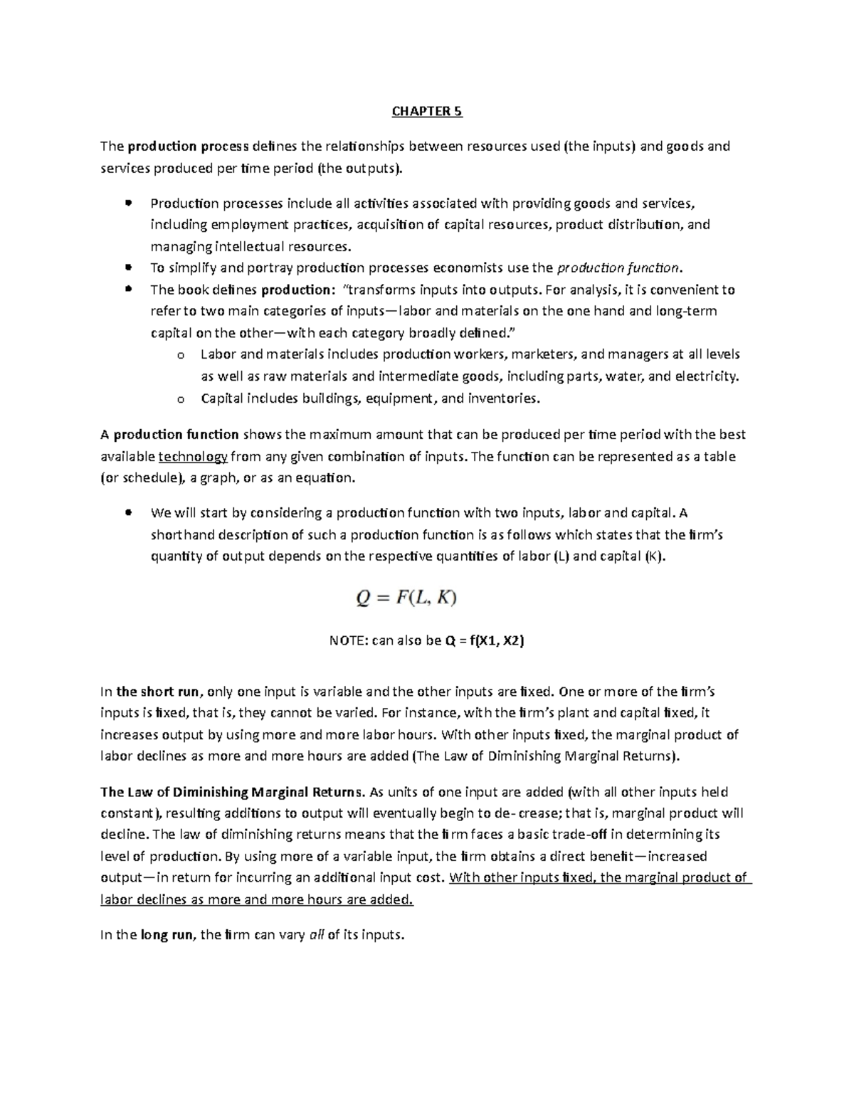 Chapter 5 - Lecture notes 5 - CHAPTER 5 The production process defines ...