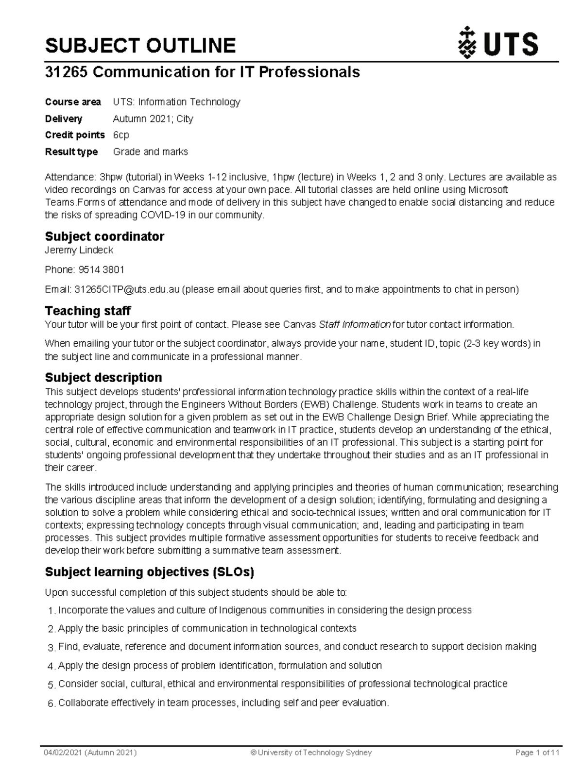 Coomu nication for it proffesionals - SUBJECT OUTLINE 31265 ...