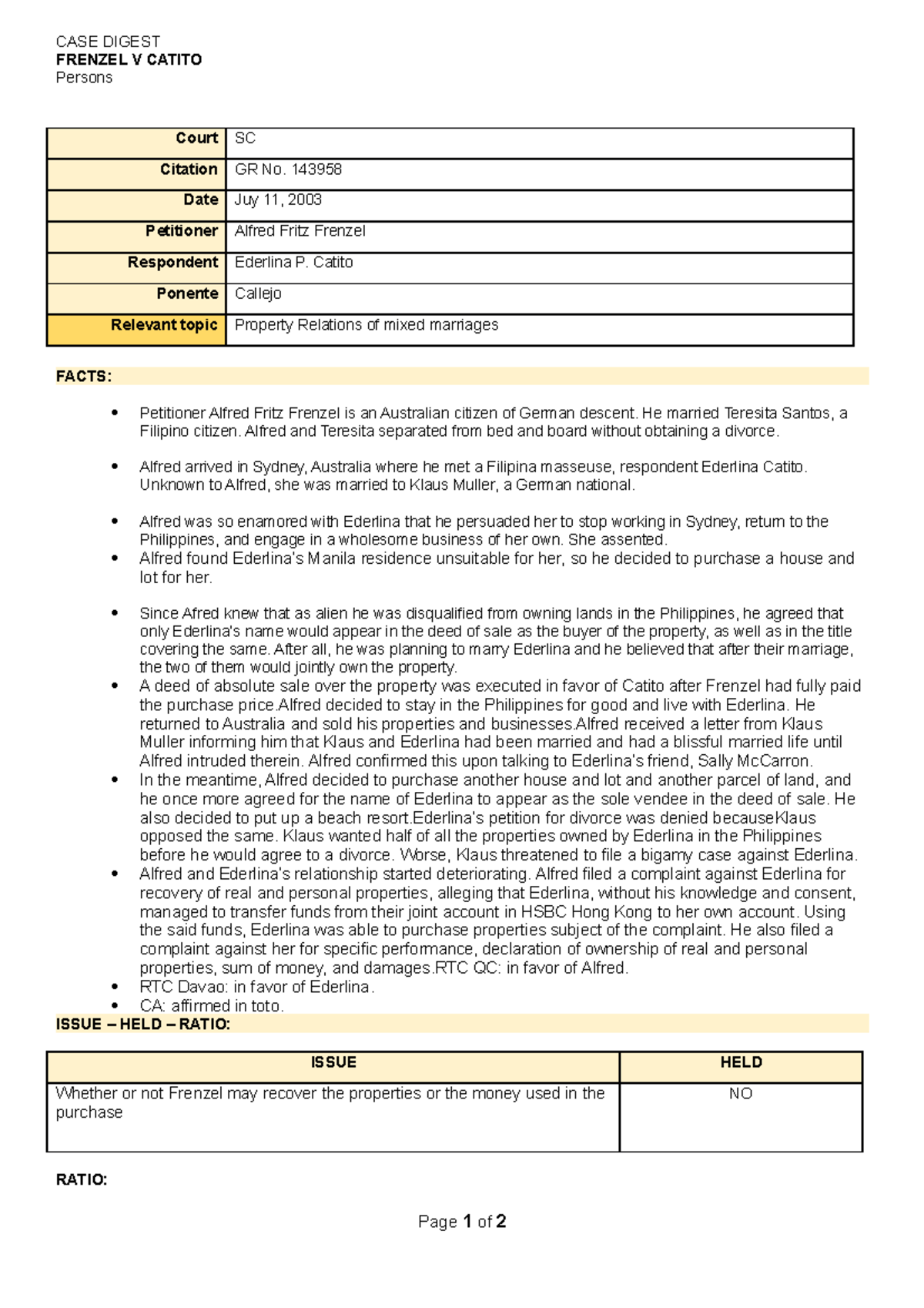 416 Frenzel v Catito - sdfasdf - CASE DIGEST FRENZEL V CATITO Persons ...