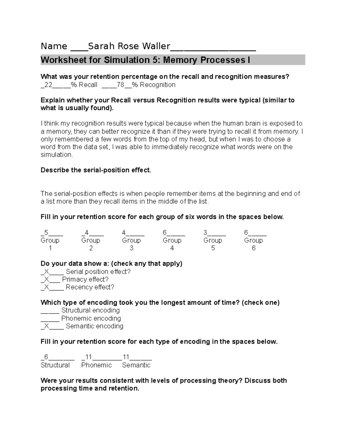 Simulation 5 worksheet- Memory Processes - Name Sarah Rose Waller ...