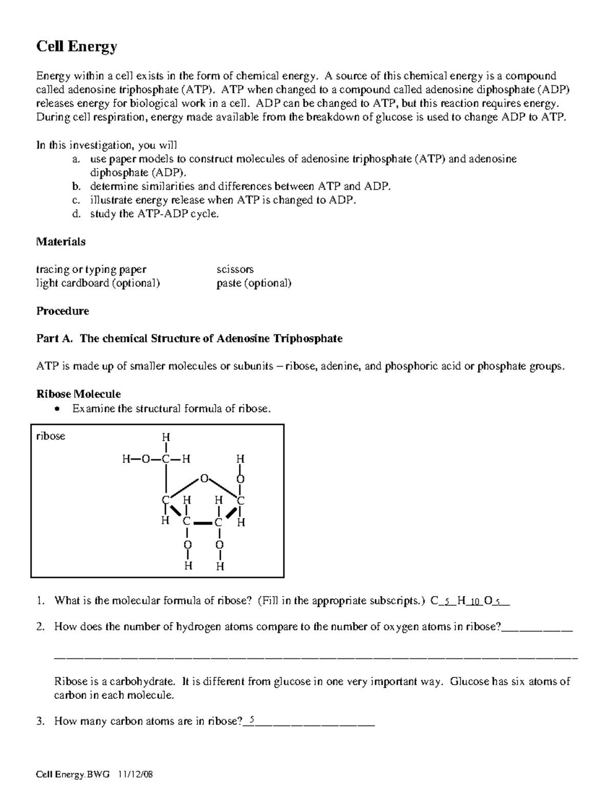 Cell Energy worksheet - Cell Energy Energy within a cell exists in In Atp Worksheet Answer Key