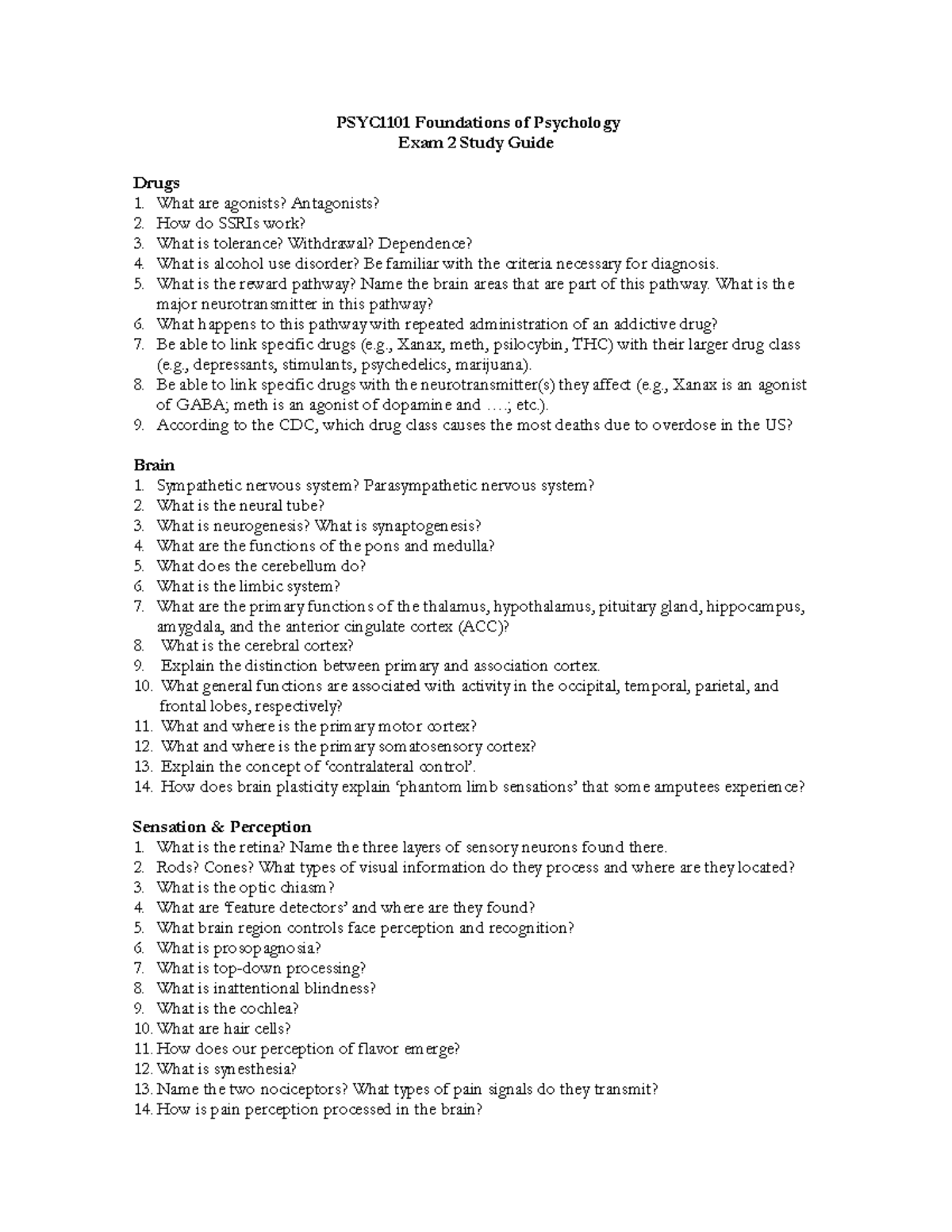 Exam 2 Study Guide - PSYC1101 Foundations of Psychology Exam 2 Study ...