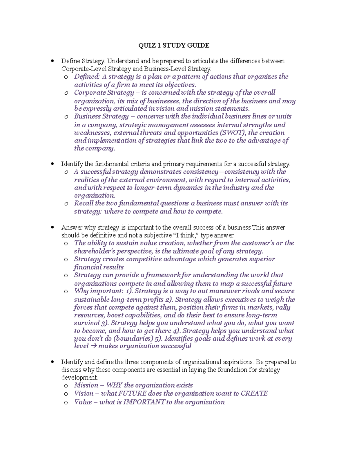 QUIZ 1 Study Guide - notes - QUIZ 1 STUDY GUIDE Define Strategy ...