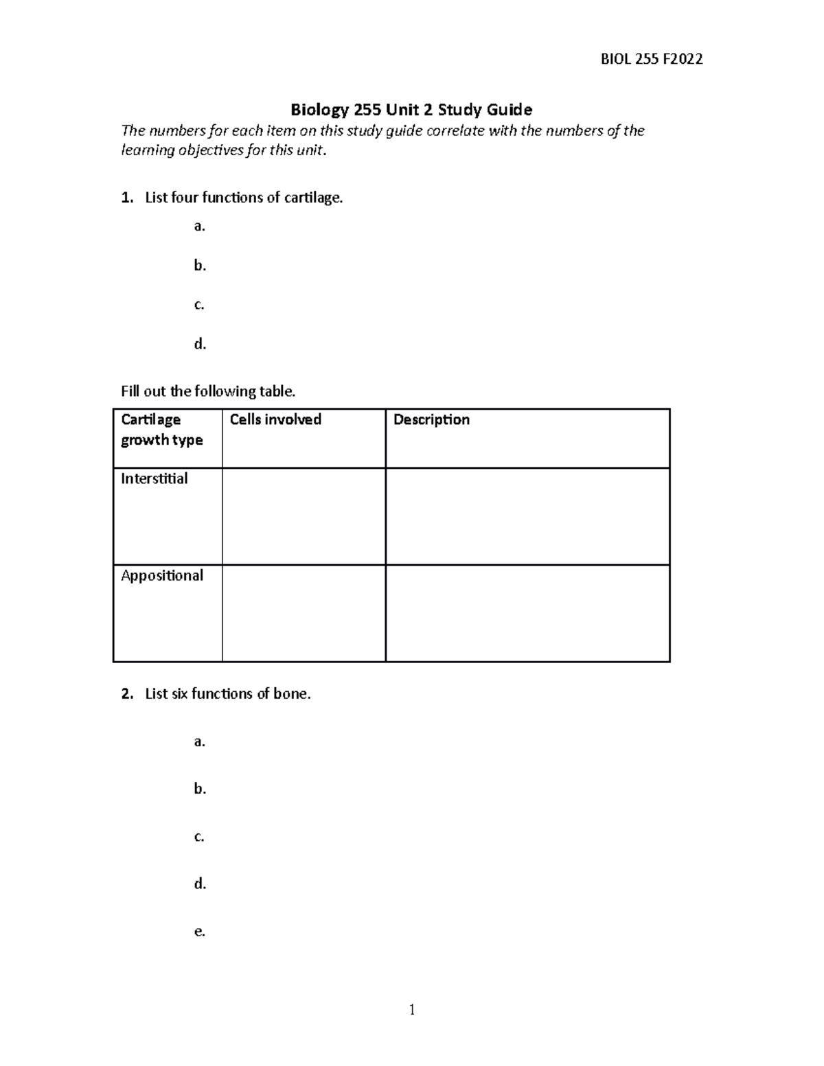 Biology 255 Unit 2 Study Guide F22 - Biology 255 Unit 2 Study Guide The ...