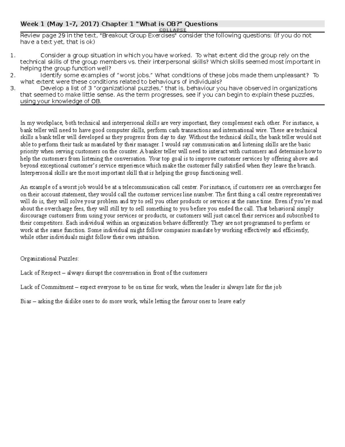 Week 1 Discussion Week 1 (May 2017) Chapter 1 is Questions COL LA