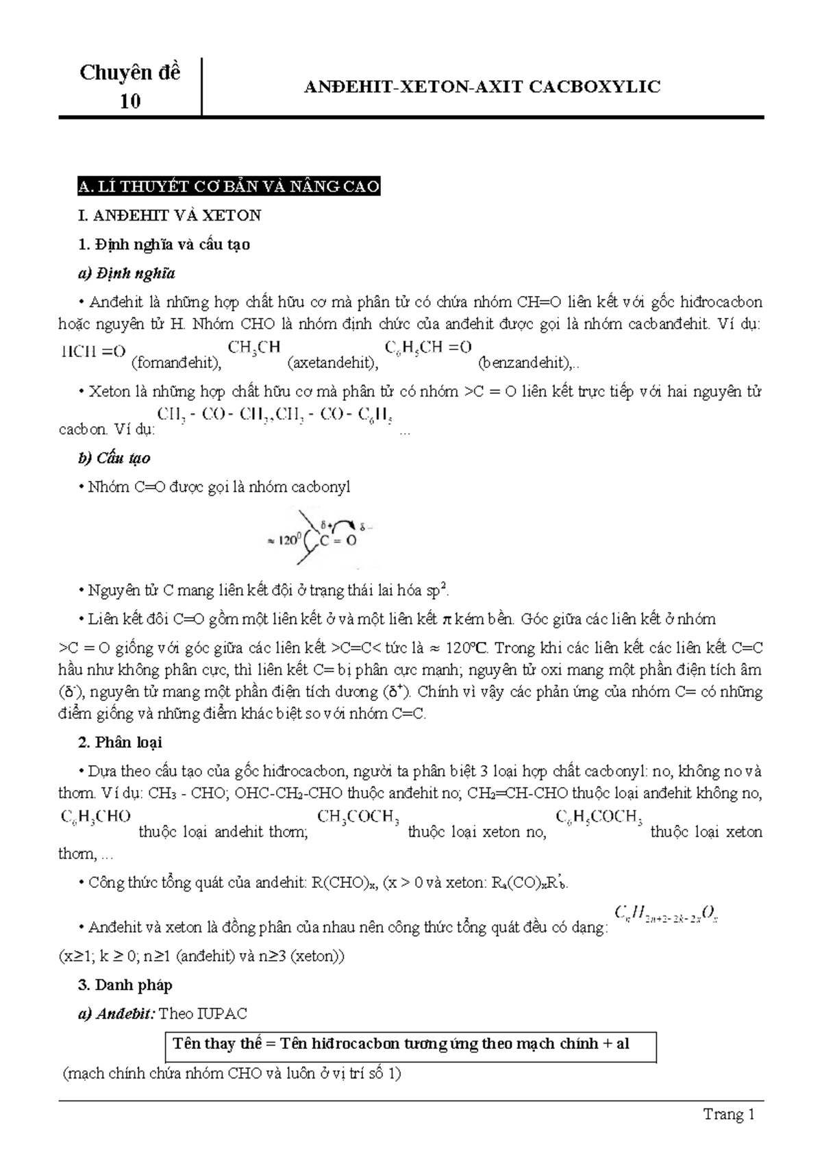 ChuyêN ĐỀ 10. ANĐEHIT- Xeton-AXIT Cacboxylic - Chuyên đề 10 ANĐEHIT ...
