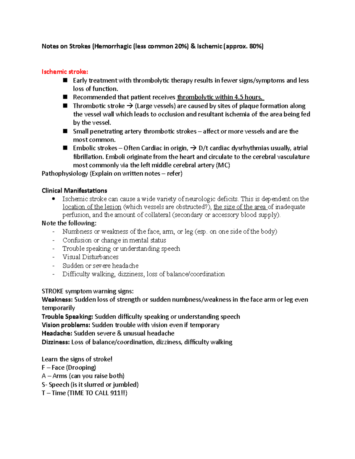 Nursing Notes On Strokes Notes On Strokes Hemorrhagic Less Common 20 And Ischemic Approx