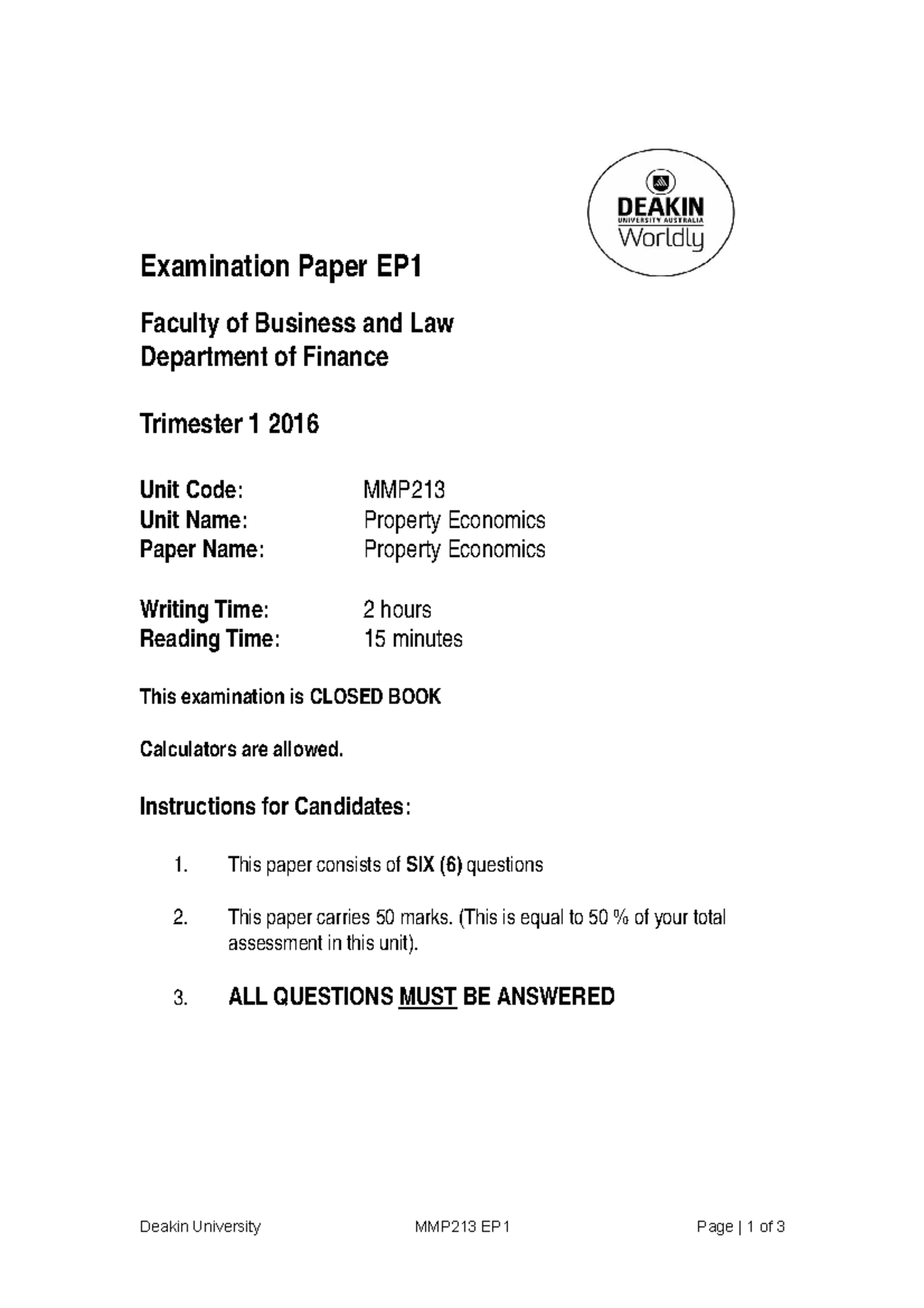 Exam June 2016, questions - Examination Paper EP1 Faculty of Business ...