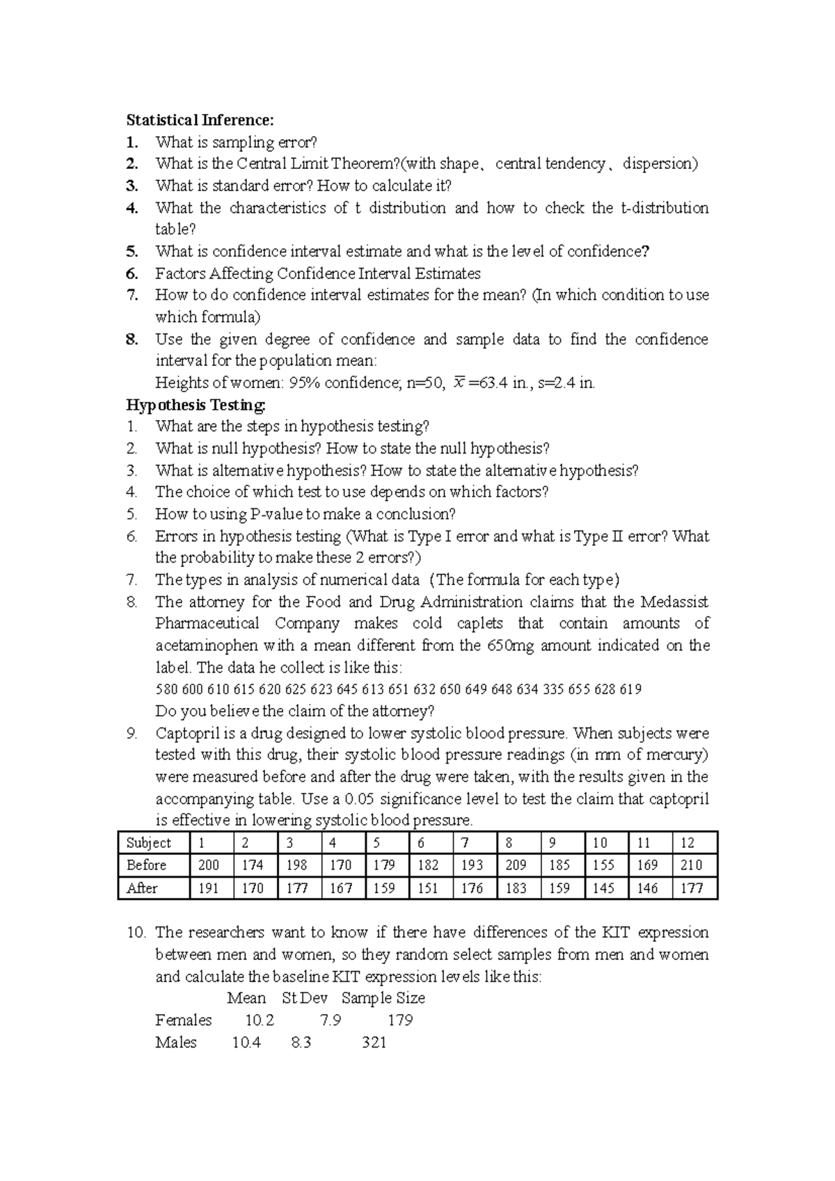 Review questions about statistics - Statistical Inference: 1. What is ...