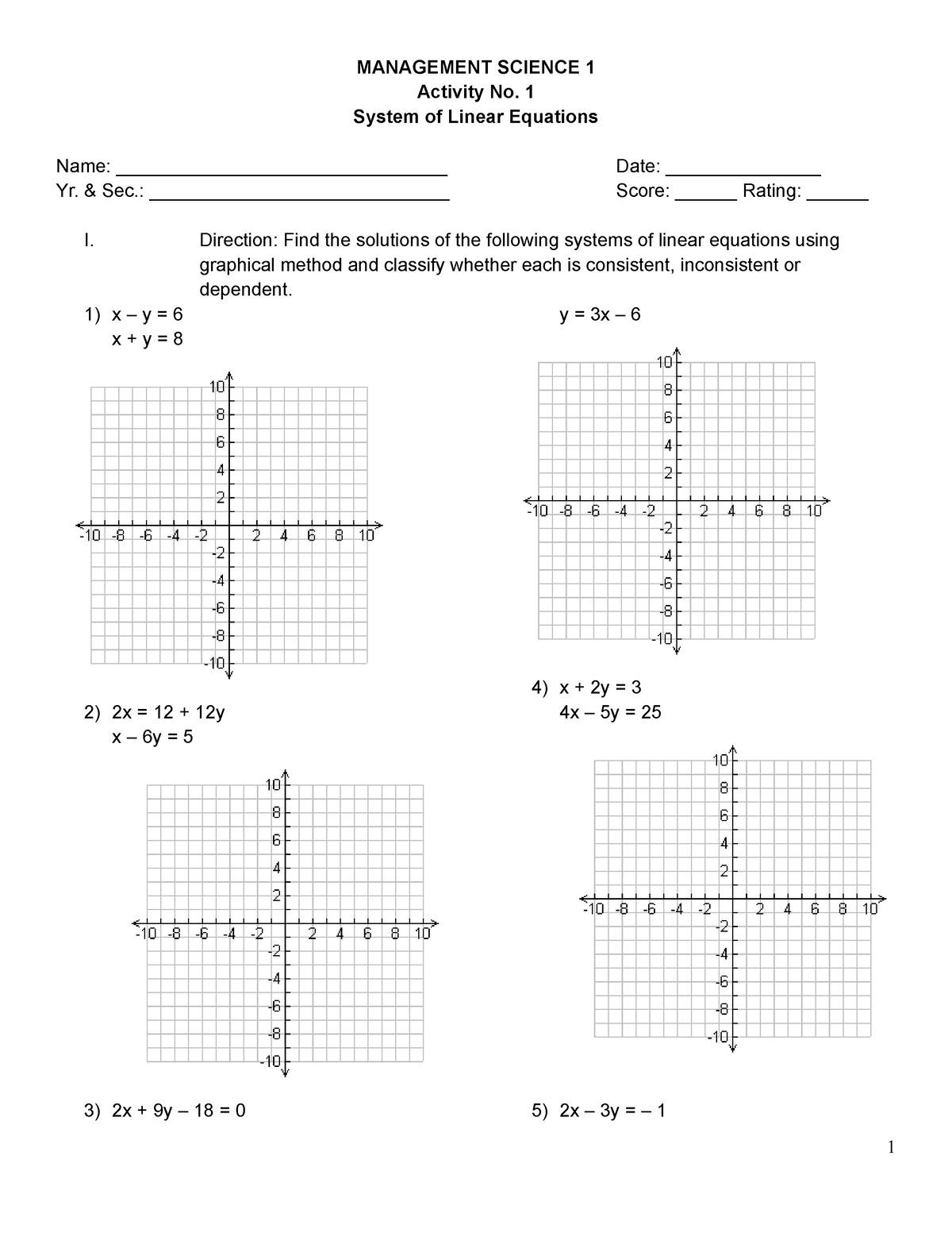 Activity LE - MANAGEMENT SCIENCE 1 Activity No. 1 System of Linear ...