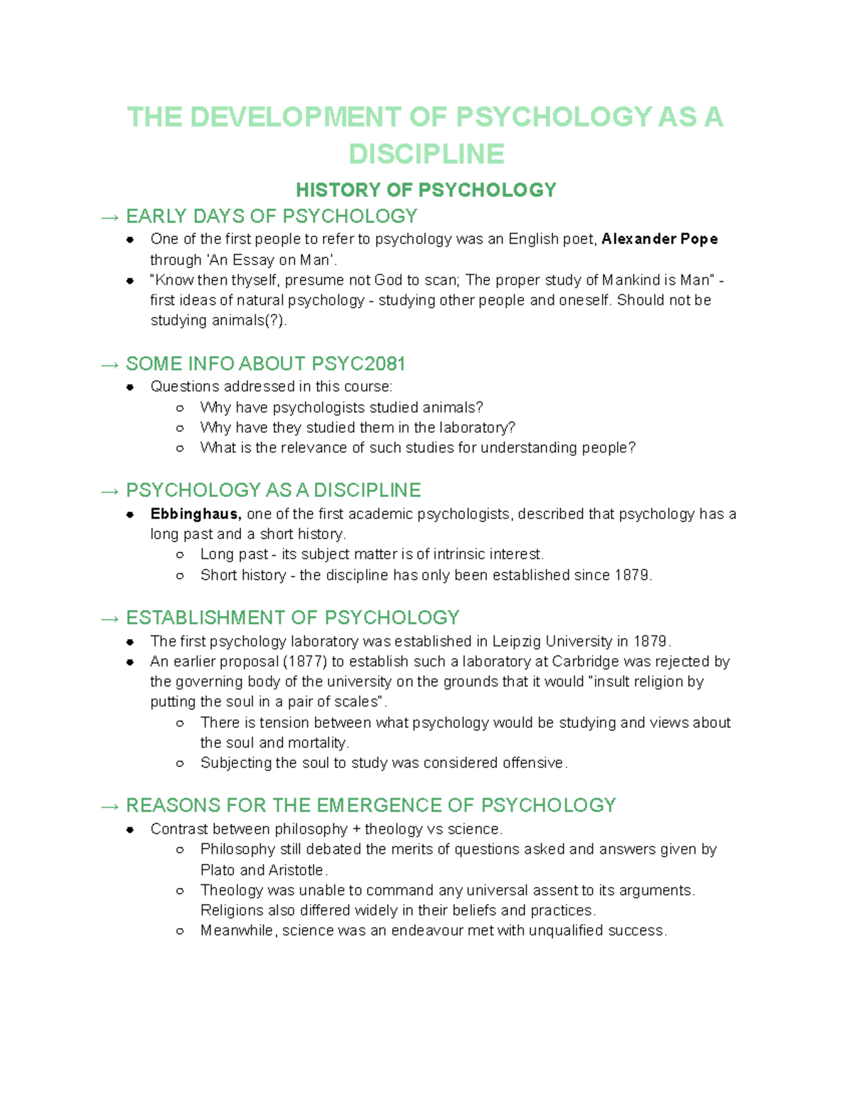 development of psychology as a science notes