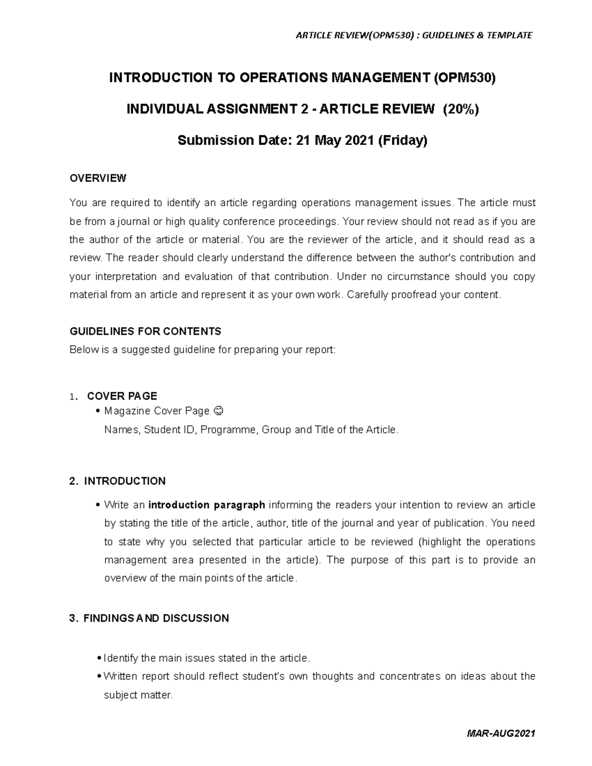 IA2 Article Review OPM530 - INTRODUCTION TO OPERATIONS MANAGEMENT ...