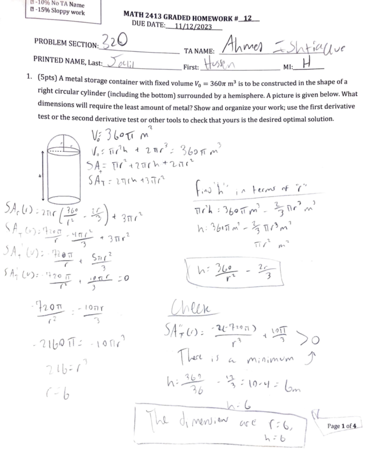 GHW12 - Graded Homework - lll - 10 % No TA Name rn -15% Slo ppy work ...