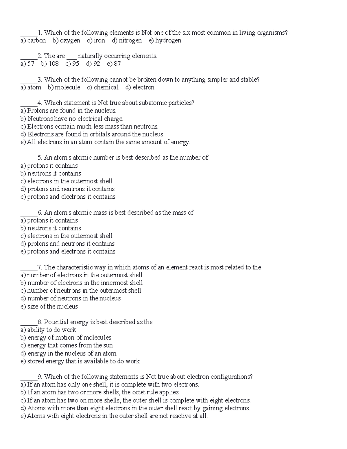Chapter 2 Review Questions - _____1. Which of the following elements is ...