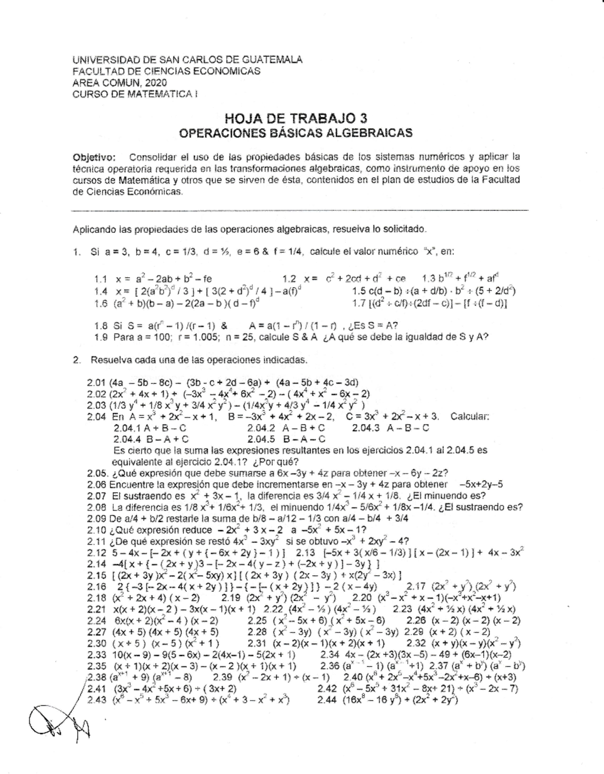 HOJA 3 2020 Expresiones Algebraicas - UNIVERSIDAÚ DE SAN CARLÜS DE ...