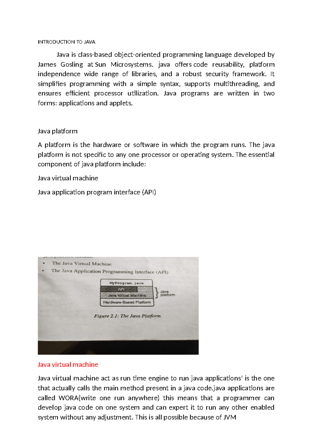 Java unit2-2 - Good note - INTRODUCTION TO JAVA Java is class-based ...