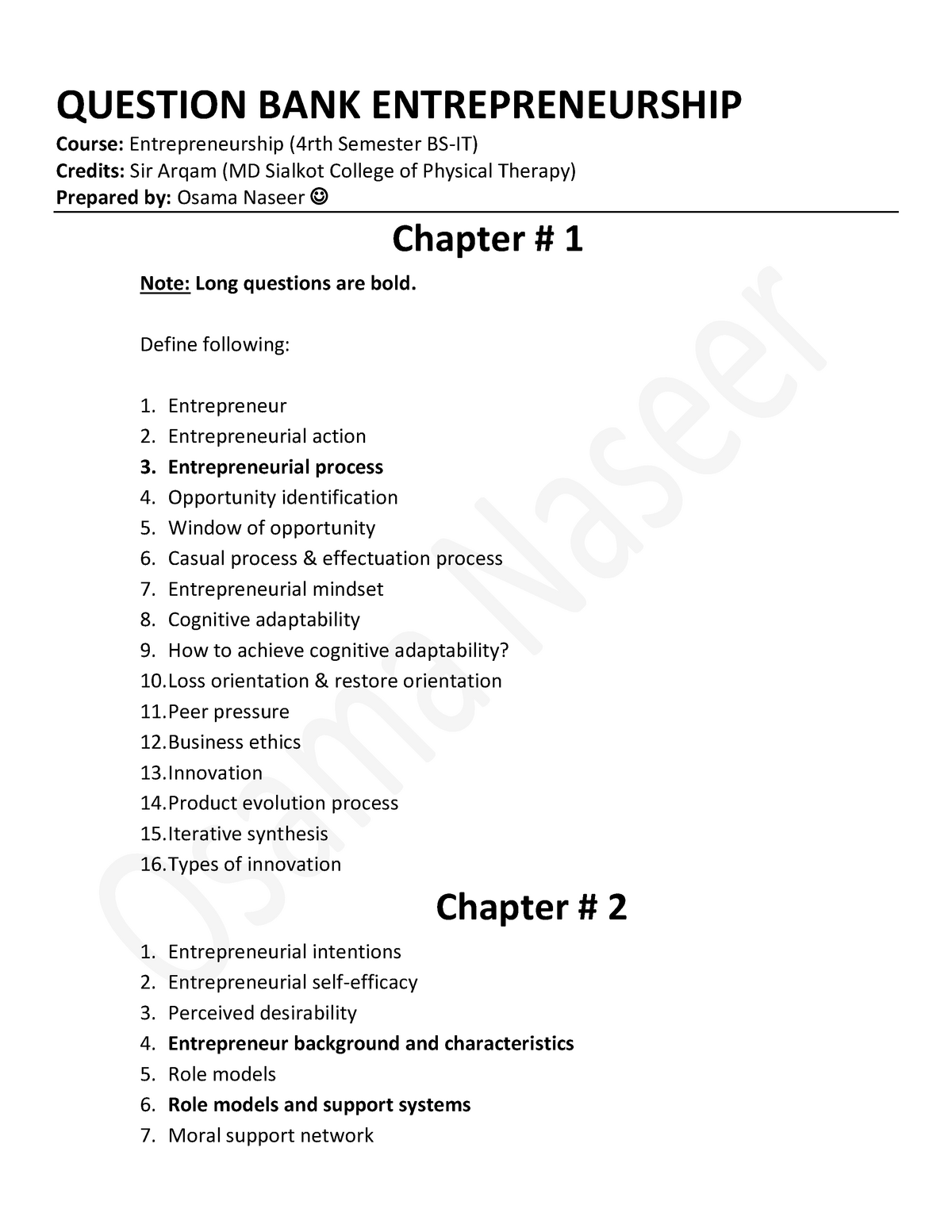 Entrepreneurship-question-bank MGT 3262 - QUESTION BANK ...