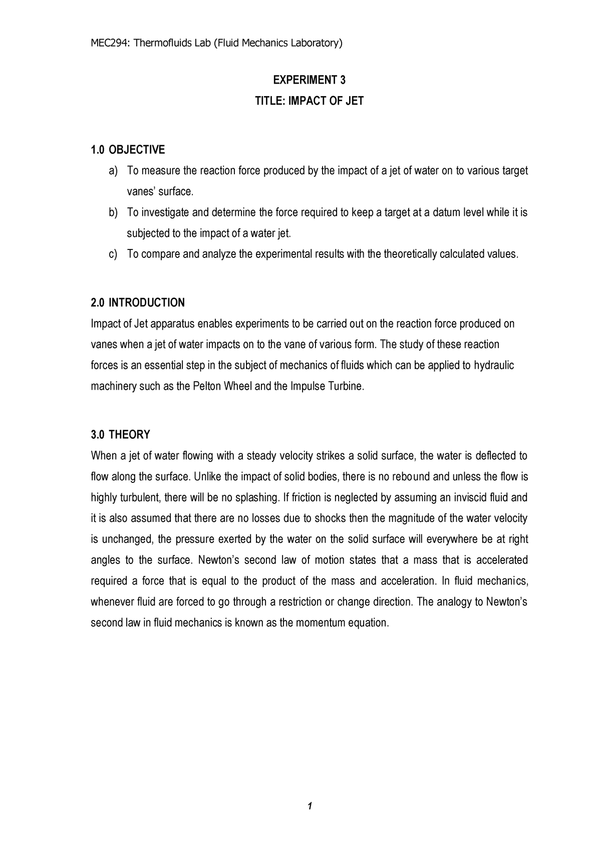 F3; Impact of a Jet - lab material - EXPERIMENT 3 TITLE: IMPACT OF JET ...