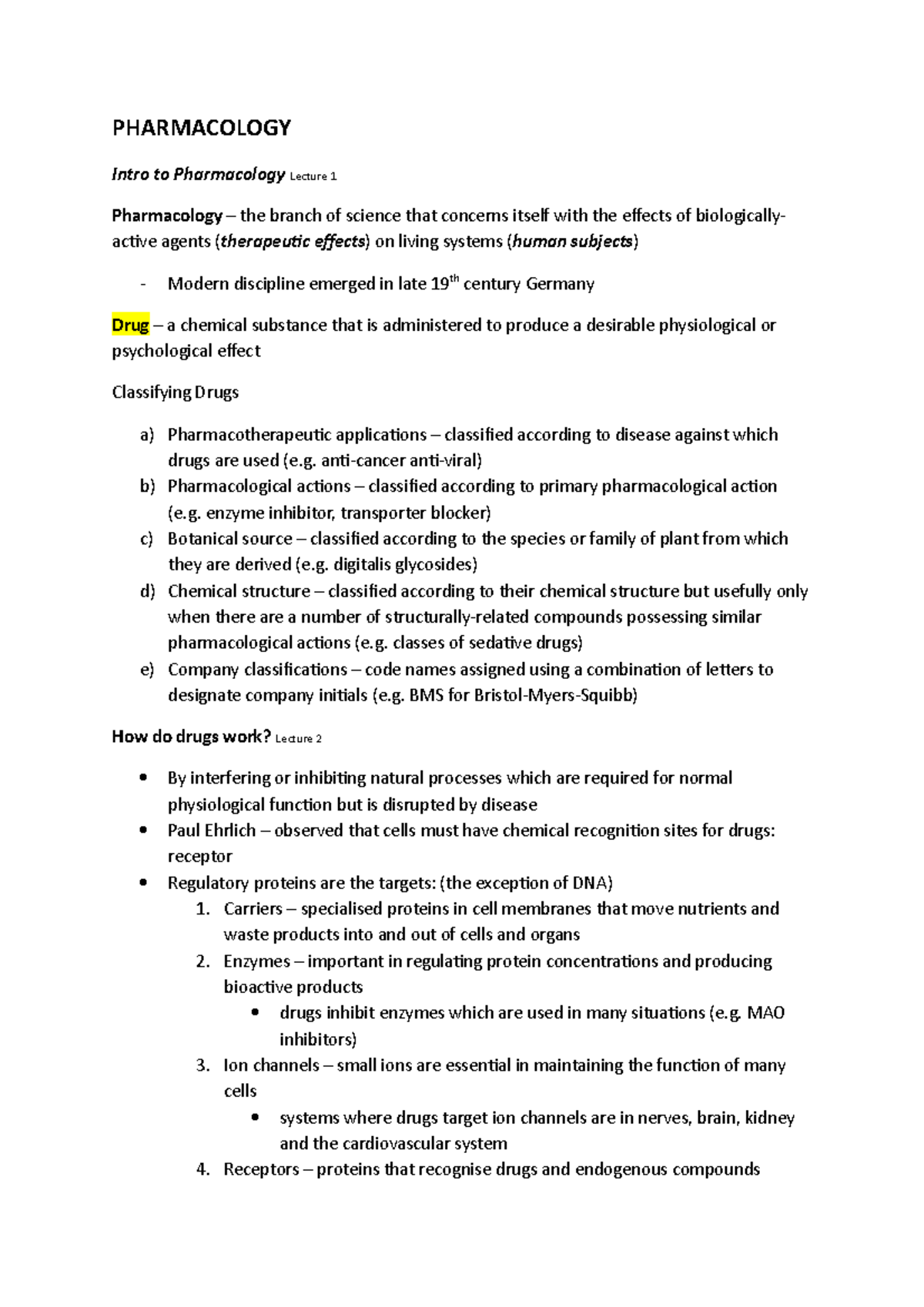 Summary - lectures 1-3 - PHARMACOLOGY Intro to Pharmacology Lecture 1 ...