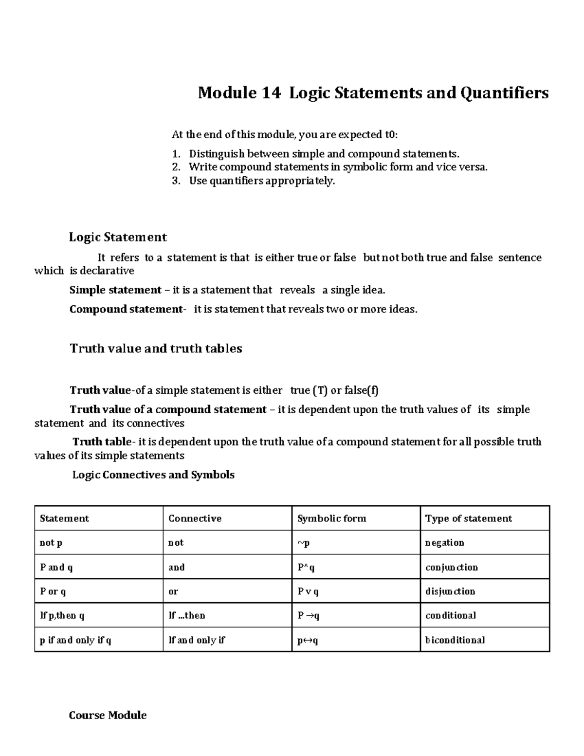 W11 12 Module 013 Logic Statements And Quantifiers Course Module Module 14 Logic Statements