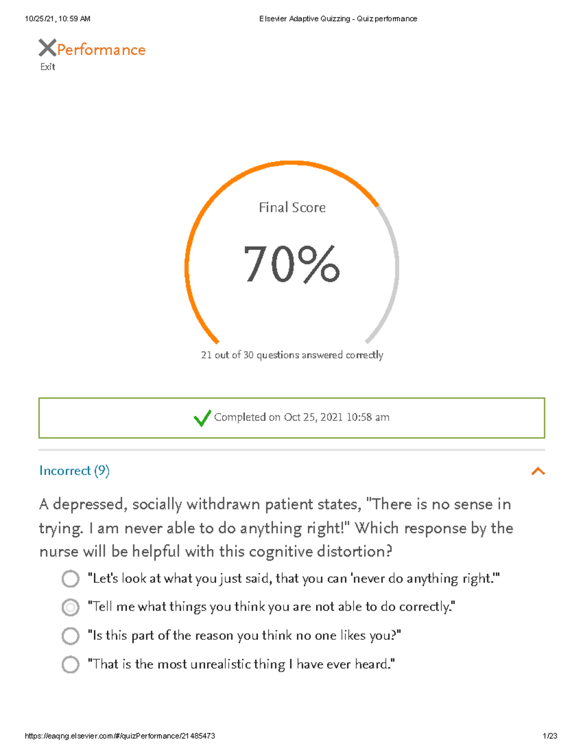 Elsevier Adaptive Quizzing - Quiz Performance Y - Exit Performance ...