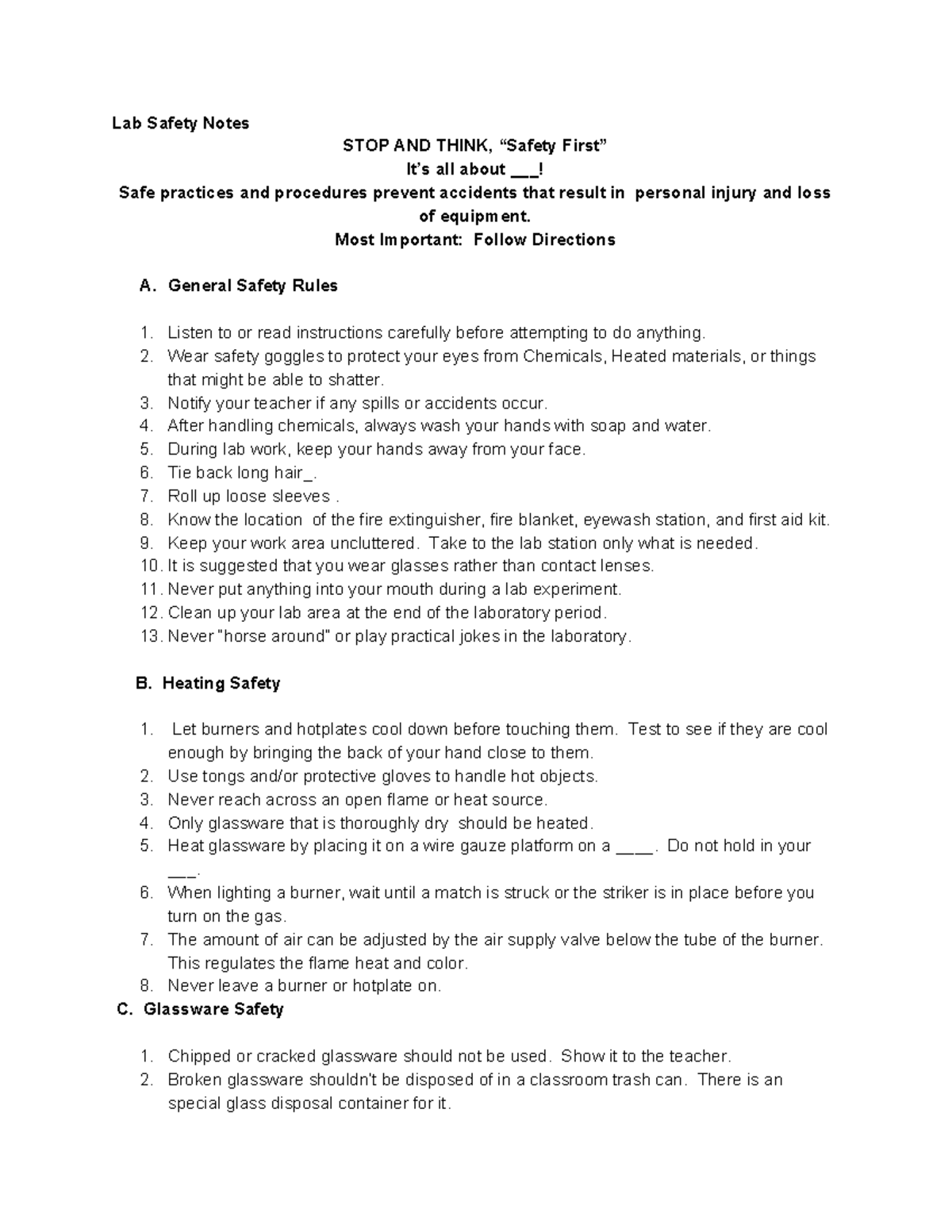 Lab Safety Notes Tenika S Lab Safety Notes STOP AND THINK, “Safety