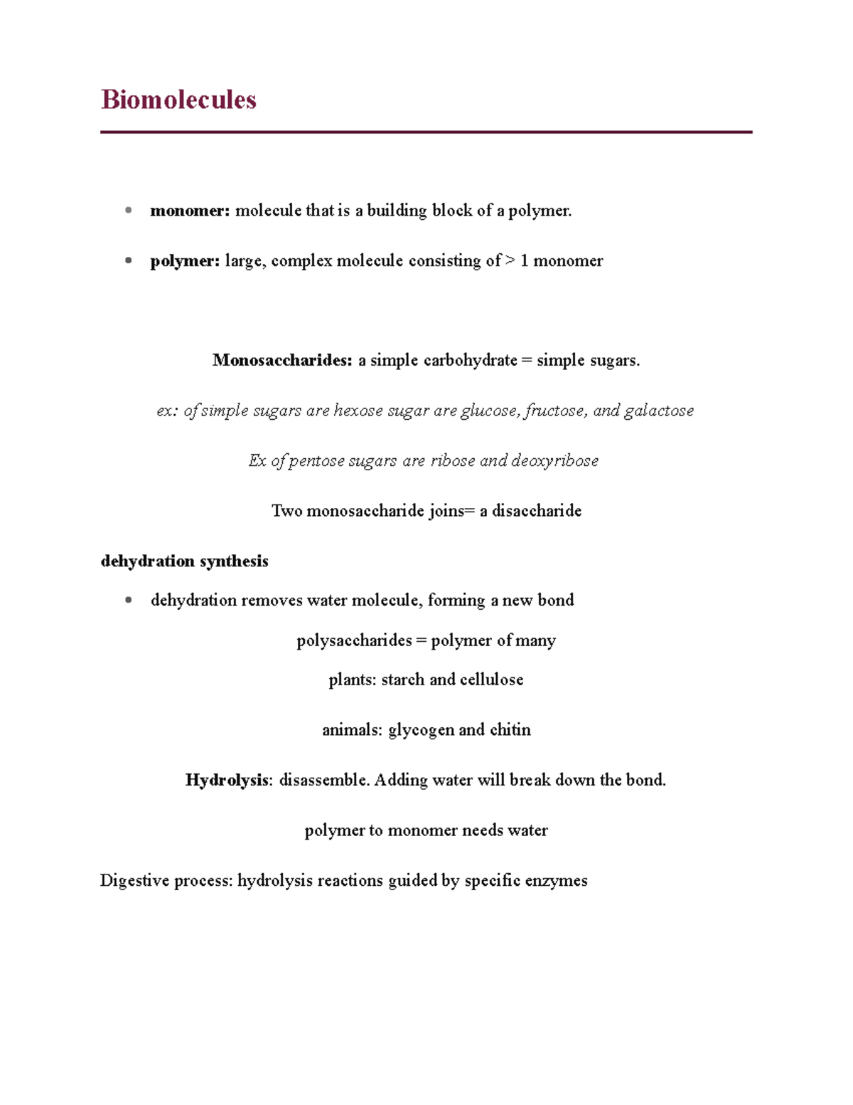 Biomolecules notes 12423 Biomolecules monomer molecule that is a