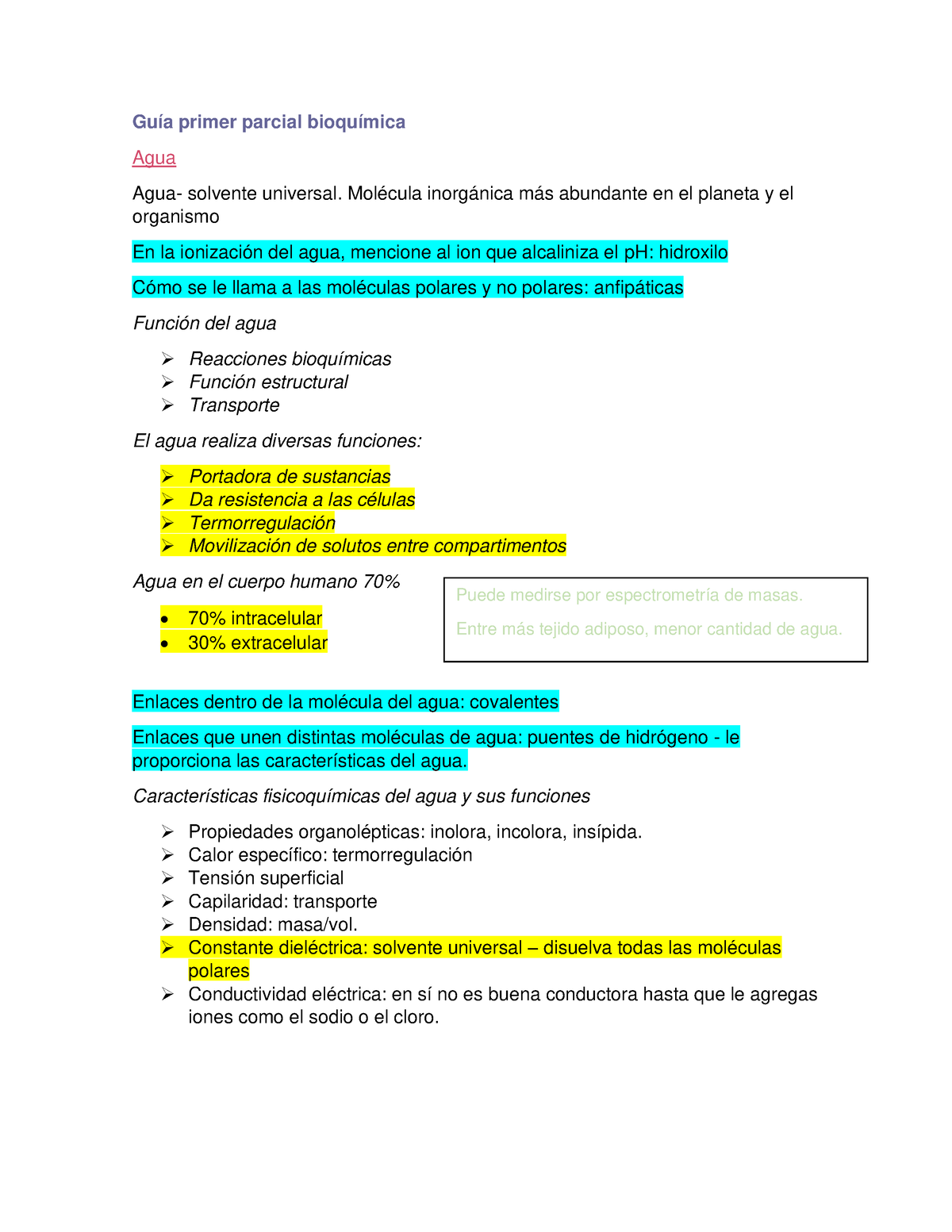 Guía Primer Parcial Bioquímica - Guía Primer Parcial Bioquímica Agua ...