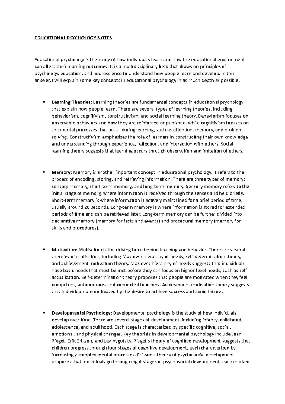 Educational Psychology - EDUCATIONAL PSYCHOLOGY NOTES Educational ...