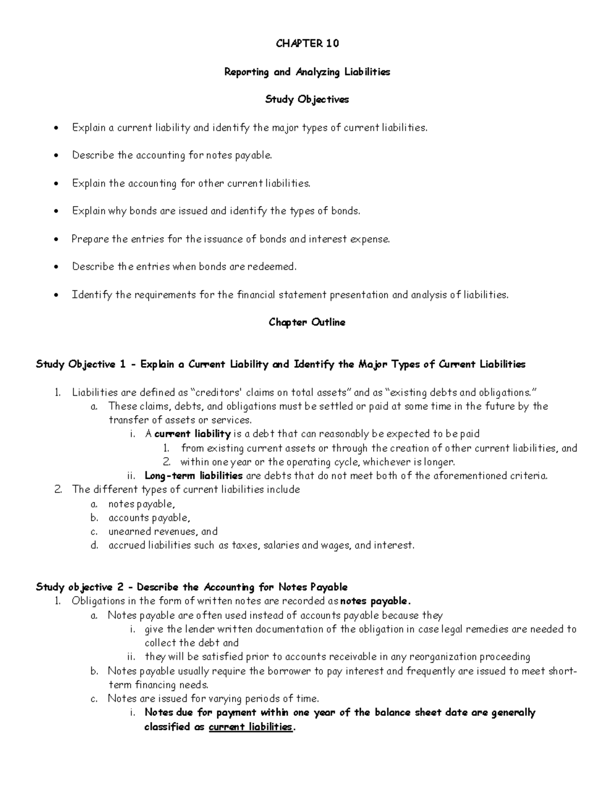 Chap10 - Notes - CHAPTER 10 Reporting And Analyzing Liabilities Study ...