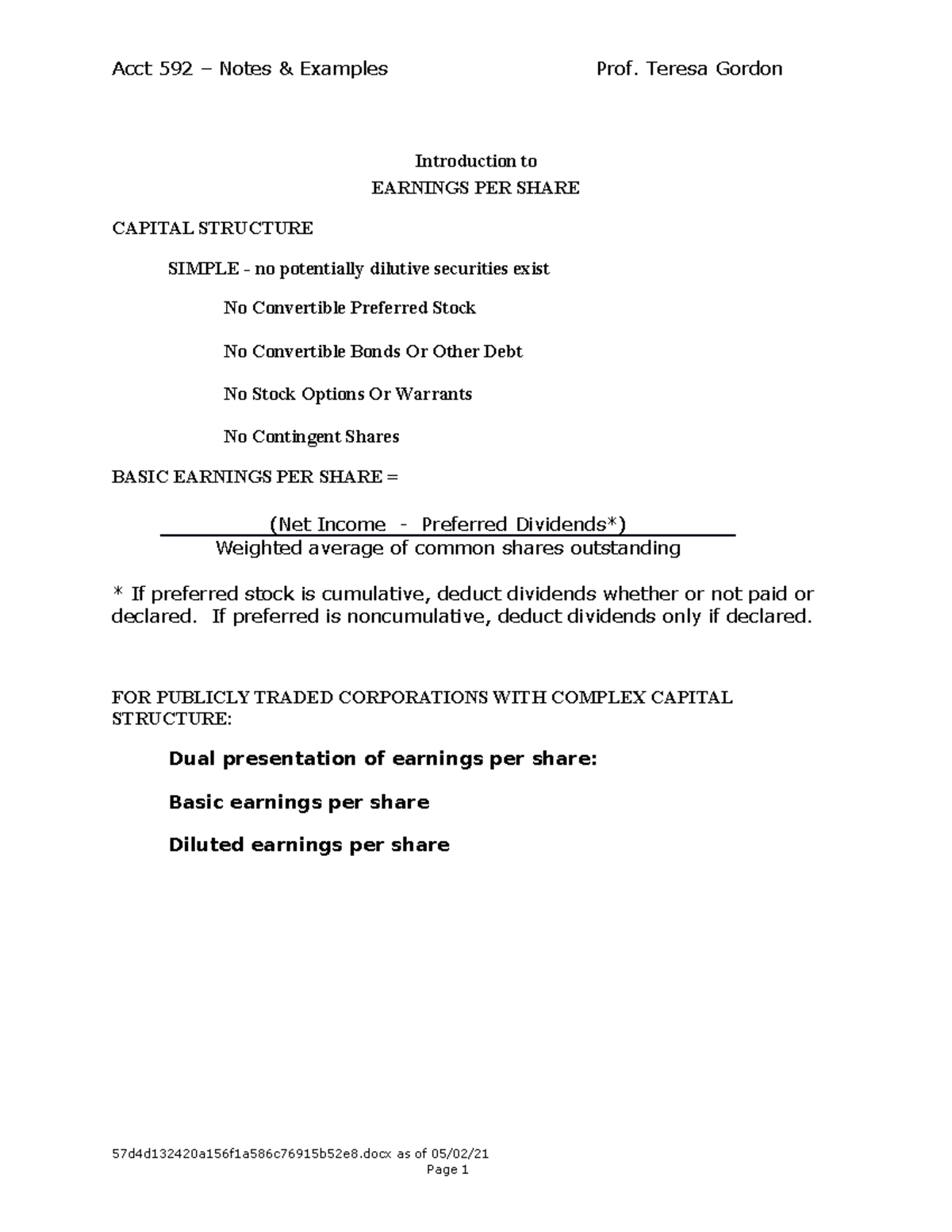 EPS notes and examples S11 - Acct 592 – Notes & Examples Prof. Teresa ...