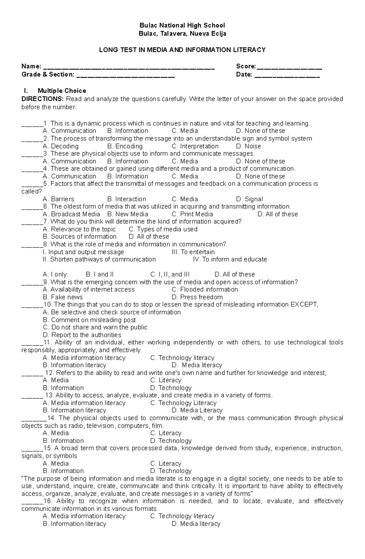 MIL Summative - Bulac National High School Bulac, Talavera, Nueva Ecija