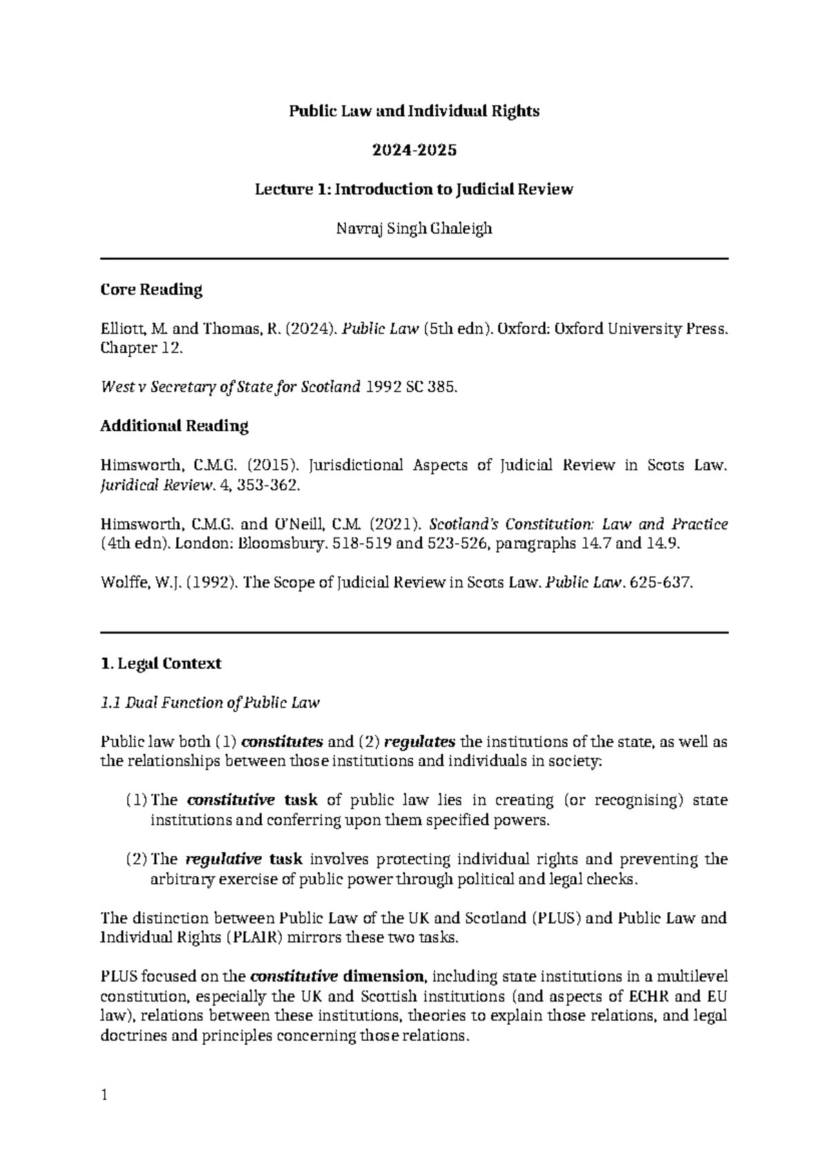 Plair Lecture 1 Handout - Public Law and Individual Rights 2024 ...