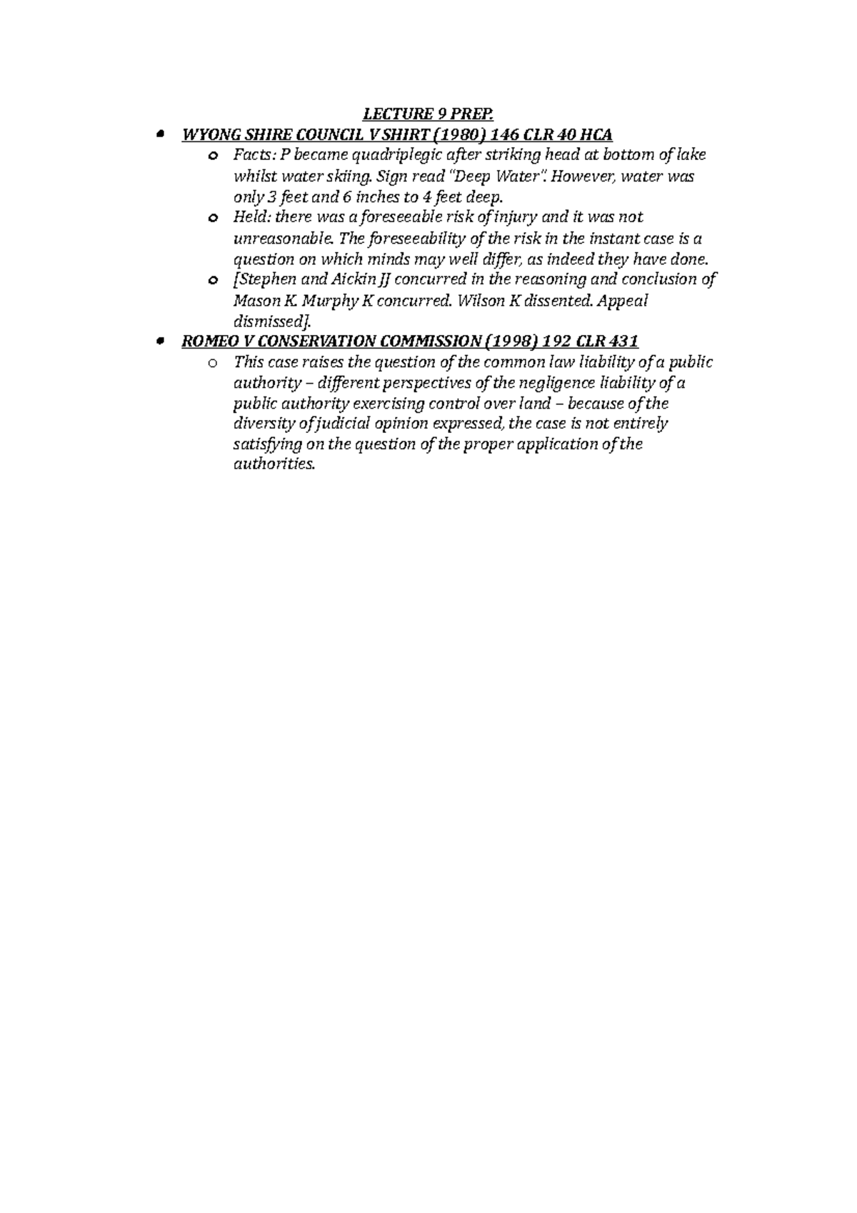 Lecture notes, lecture 9 LECTURE 9 PREP. WYONG SHIRE COUNCIL V SHIRT (1980) 146 CLR 40 HCA o