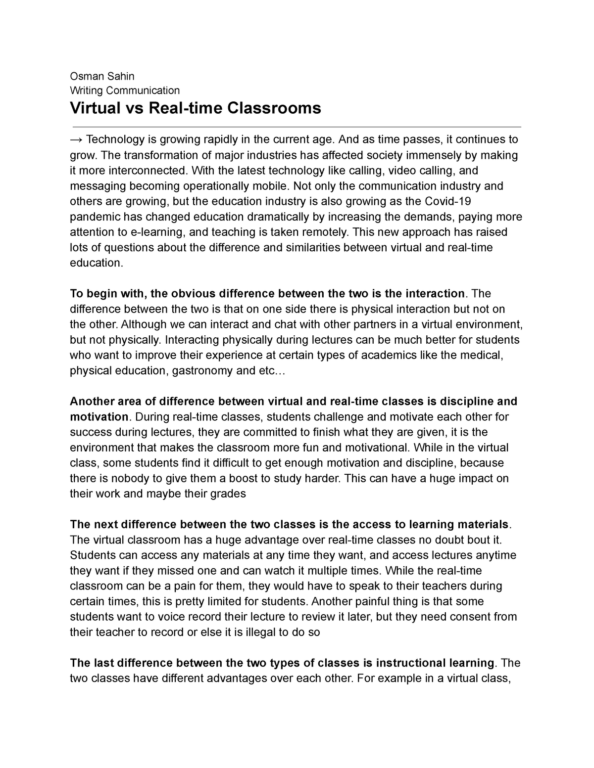 compare and contrast essay virtual vs real classrooms