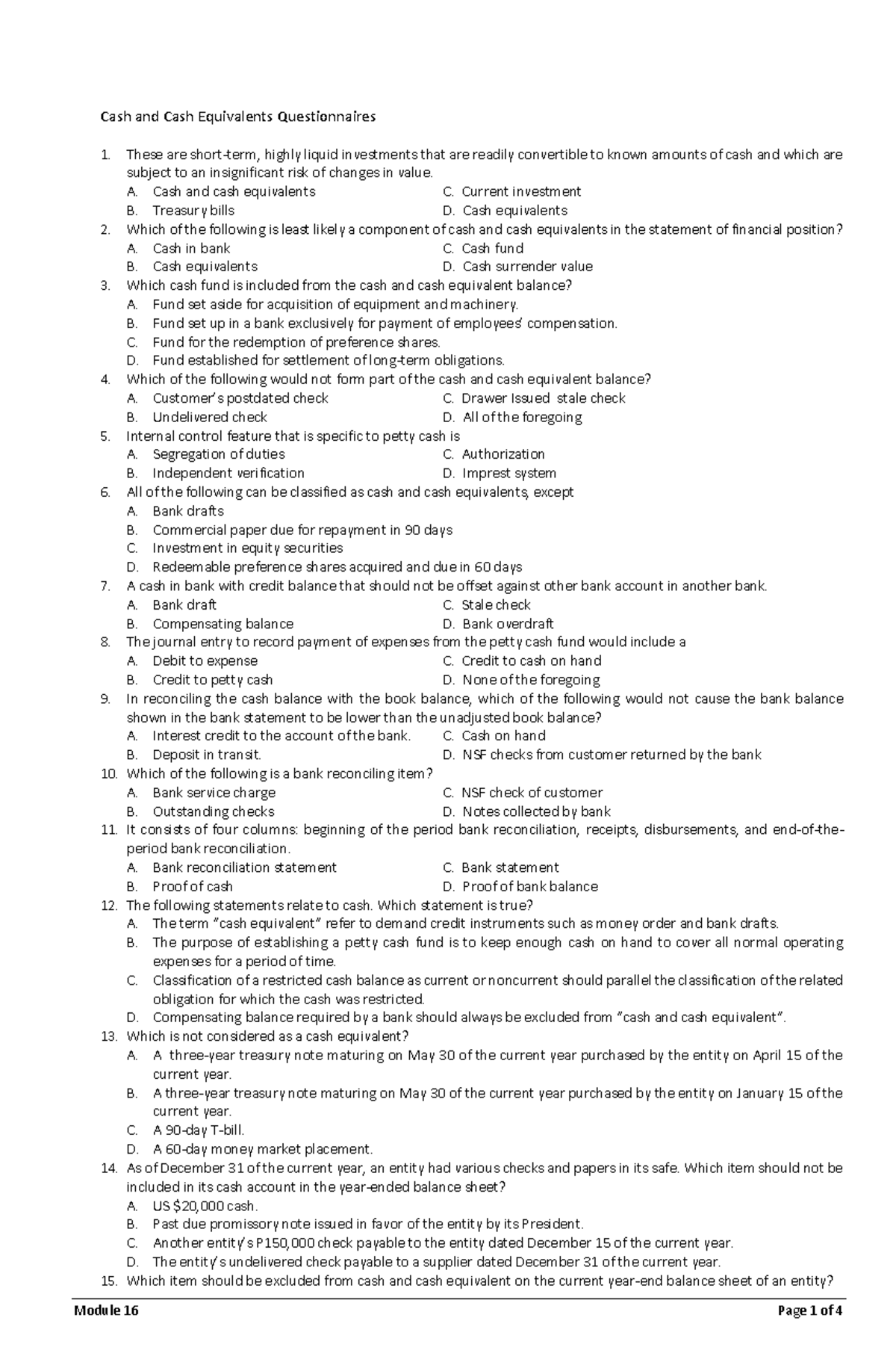 Cash+and+Cash+Equivalents+Questionnaires - Module 16 Page 1 of 4 Cash ...