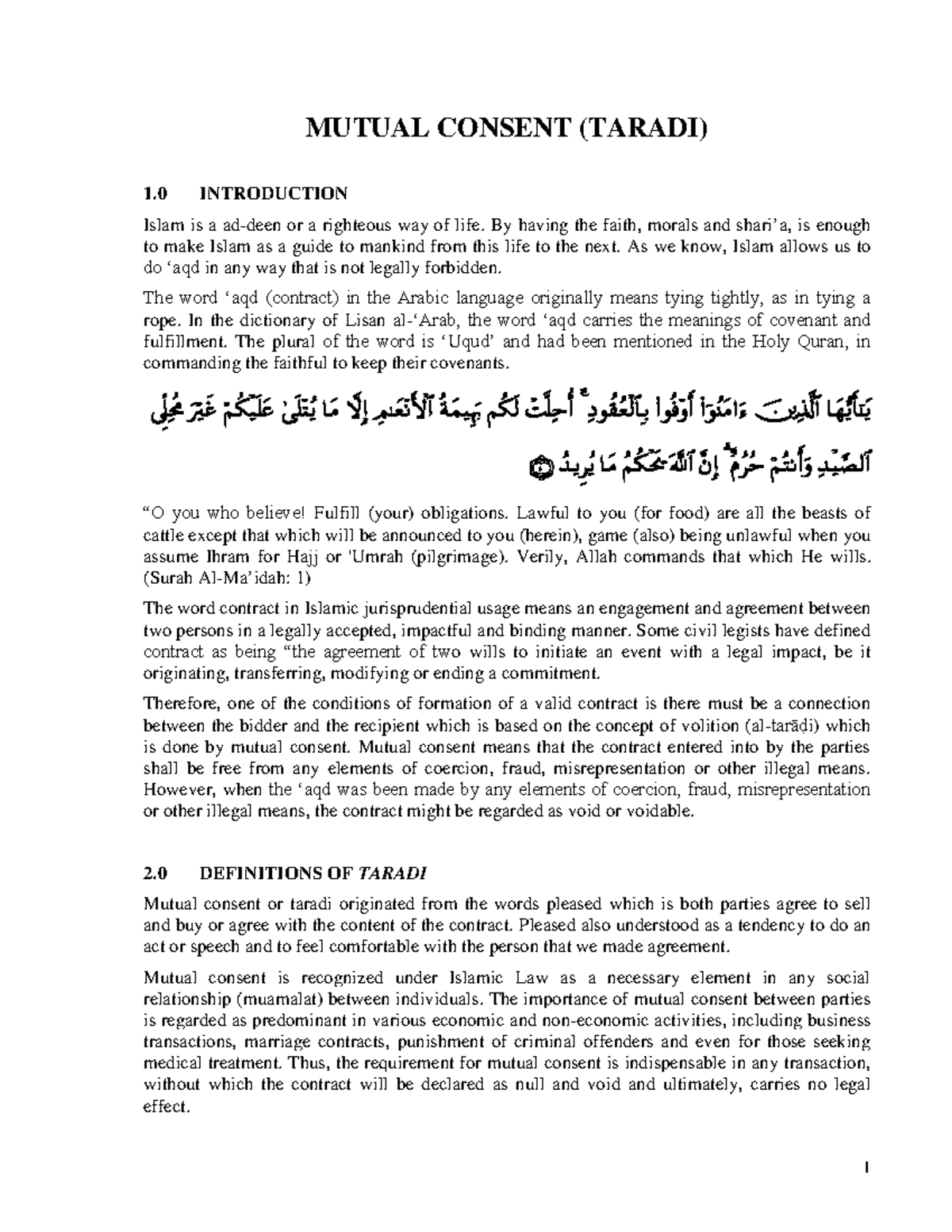 Additional Note Taradi - Mutual Consent (taradi) 1 Introduction Islam 