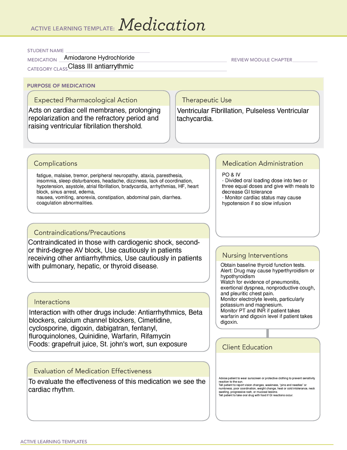 Amiodarone Med Card ACTIVE LEARNING TEMPLATES Medication STUDENT