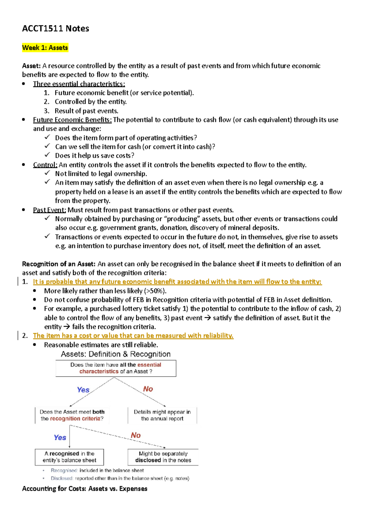 ACCT1511 Lecture Notes - ACCT1511 Notes Week 1: Assets Asset: A ...