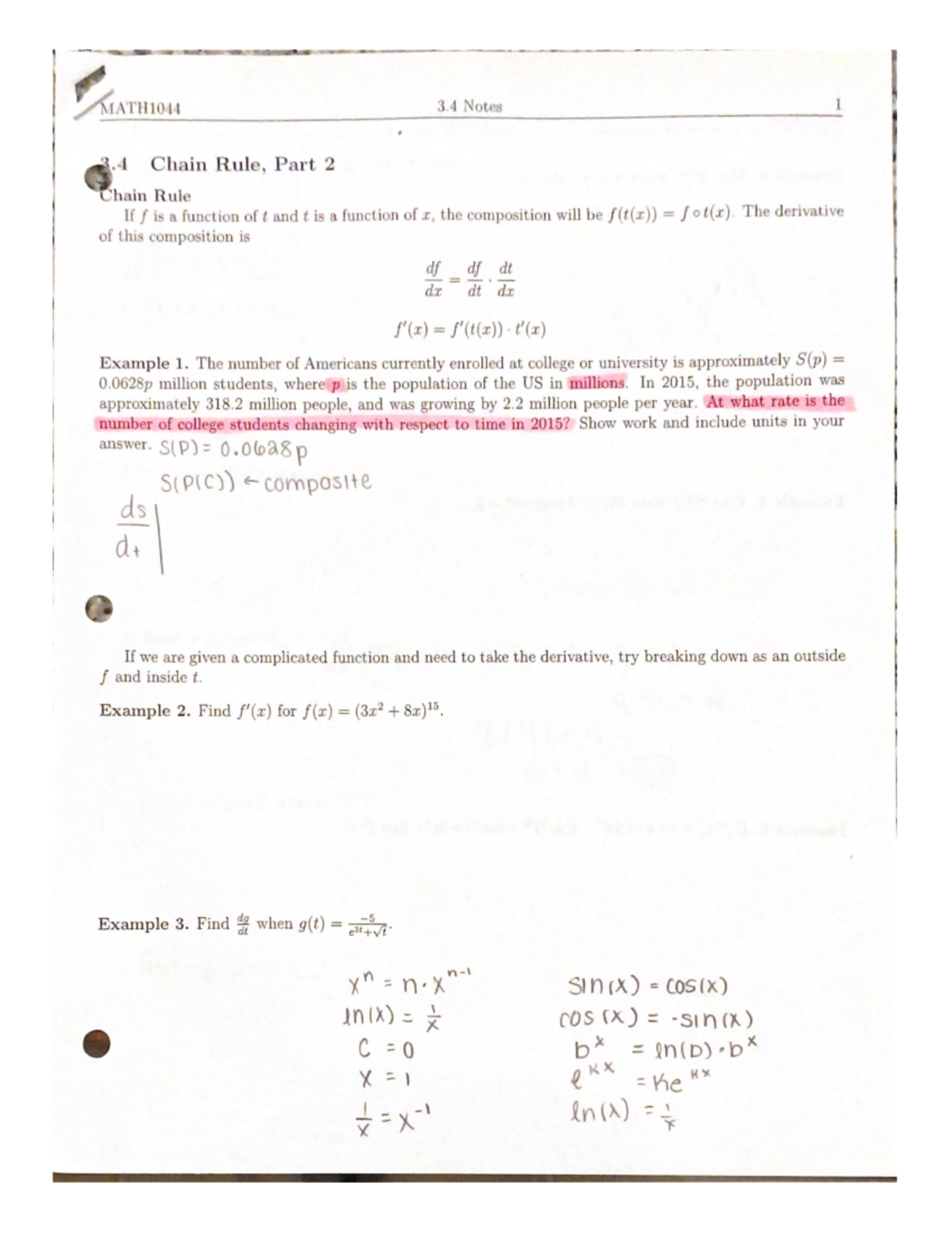 3.4 Chain Rule Part 2 - In Class Notes - MATH1061 - Studocu