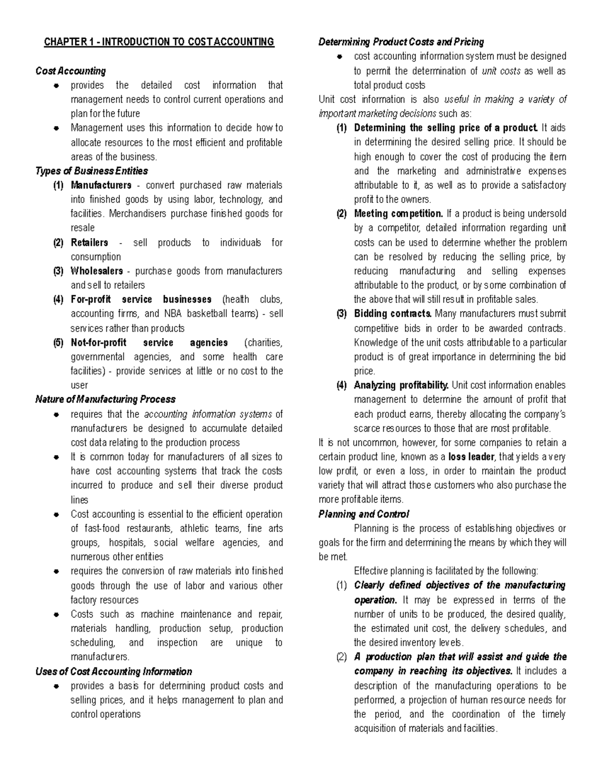 AEC2 1 Notes - CHAPTER 1 - INTRODUCTION TO COST ACCOUNTING Cost ...