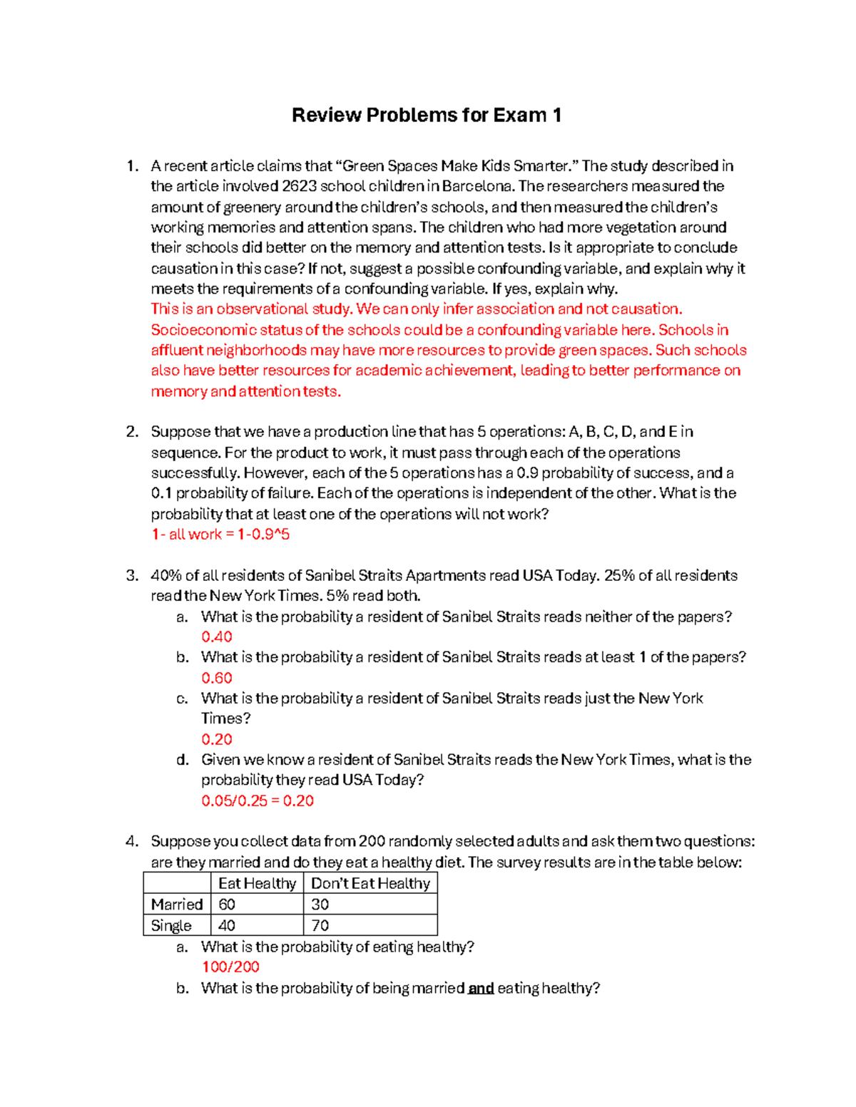 Exam 1 Review Questions with Answers - Review Problems for Exam 1 A ...
