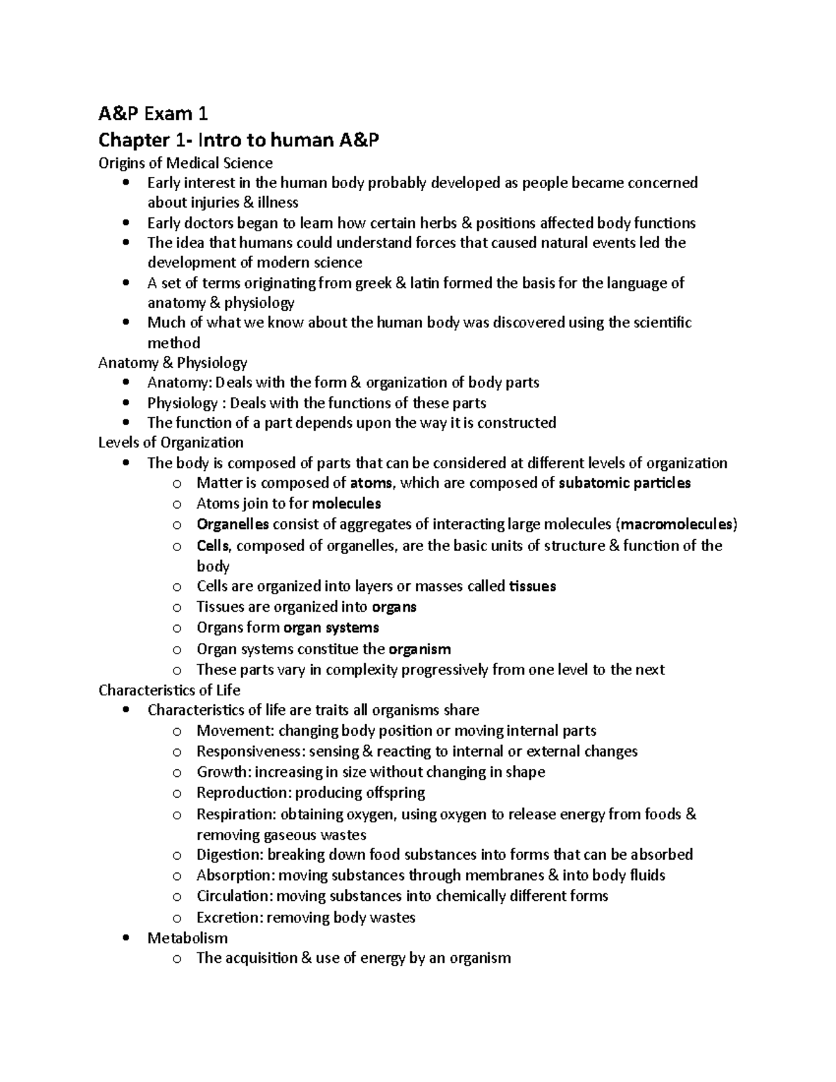 A&P Exam 1 Chapter Summaries - A&P Exam 1 Chapter 1- Intro To Human A&P ...