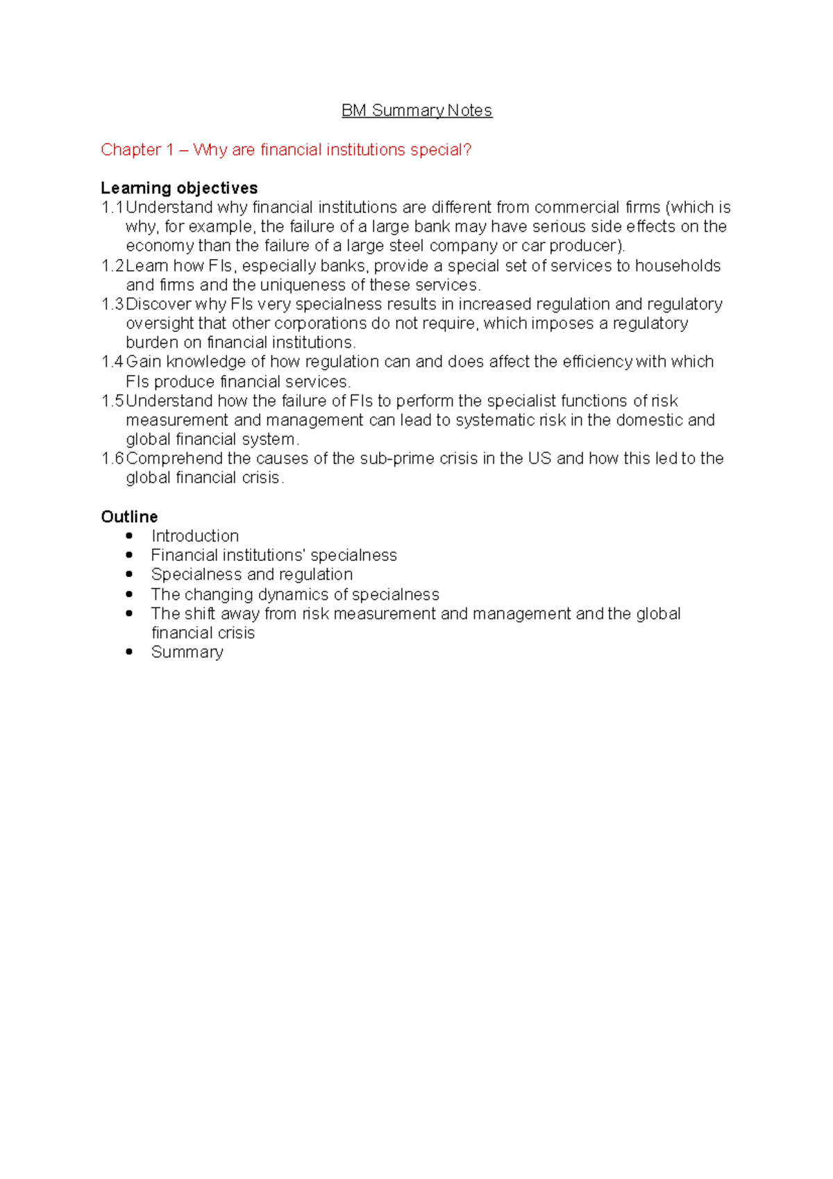 Bank Management Summary Notes - BM Summary Notes Chapter 1 – Why are ...