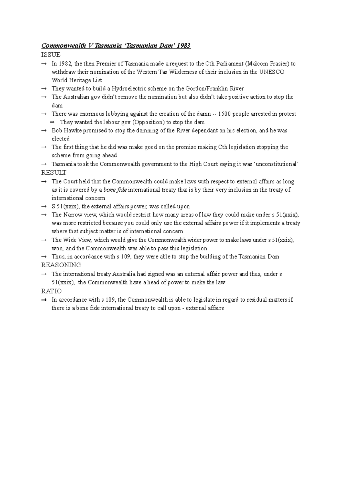 Commonwealth V Tasmania Studocu